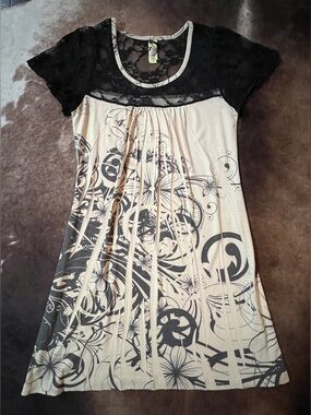 Beige and Black Lace-Trim Mini Dress